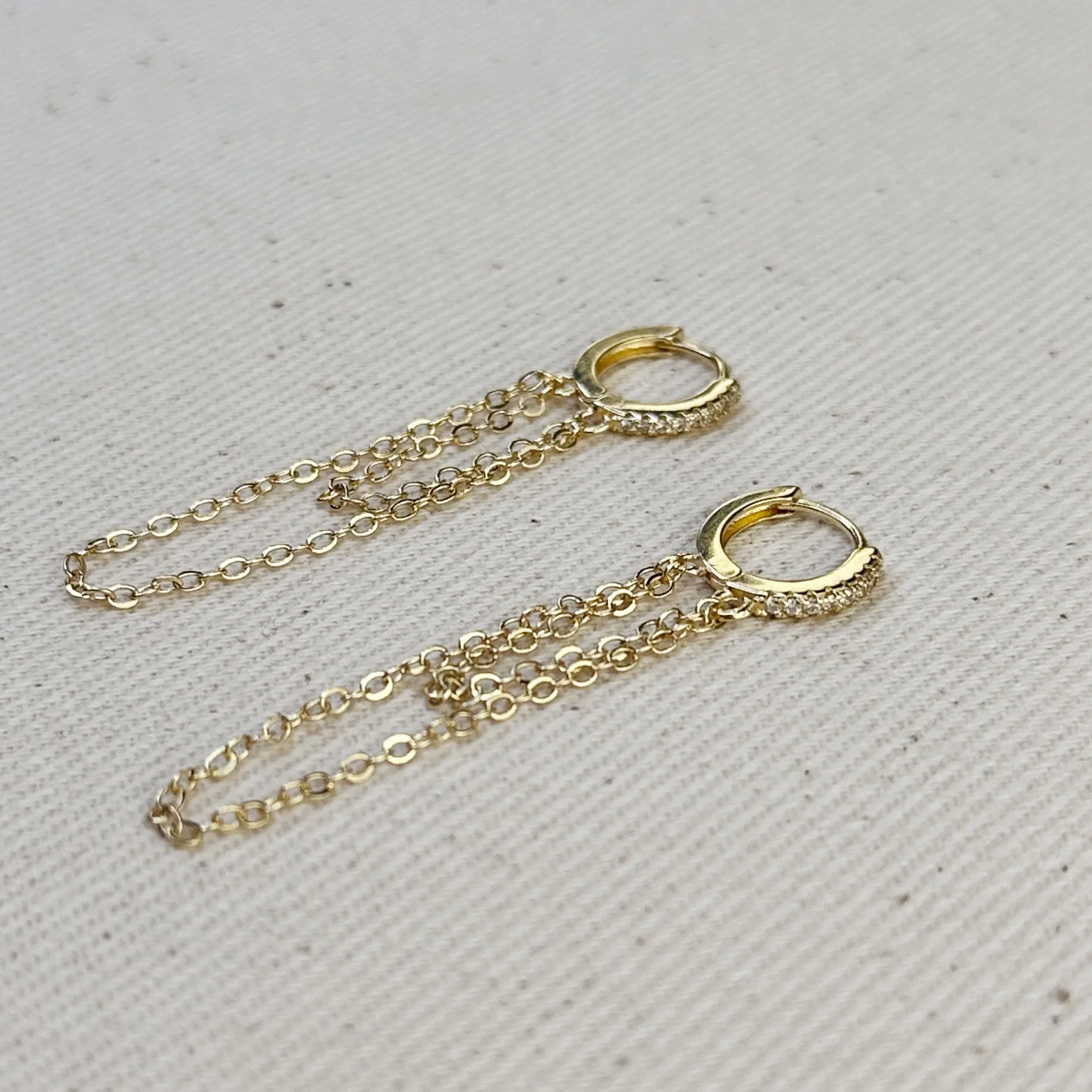 18k Gold Filled CZ  Hoop With Dangling Chains Earrings