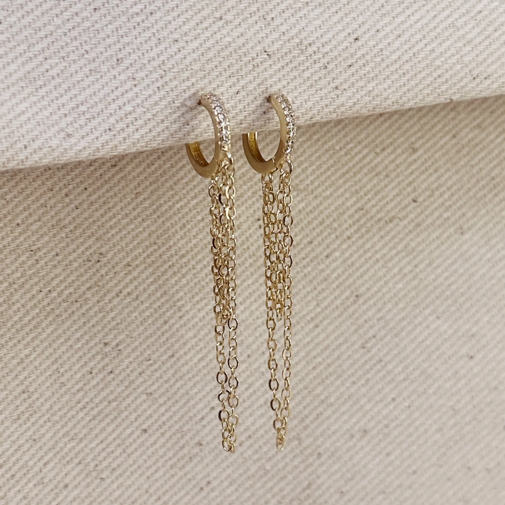 18k Gold Filled CZ  Hoop With Dangling Chains Earrings