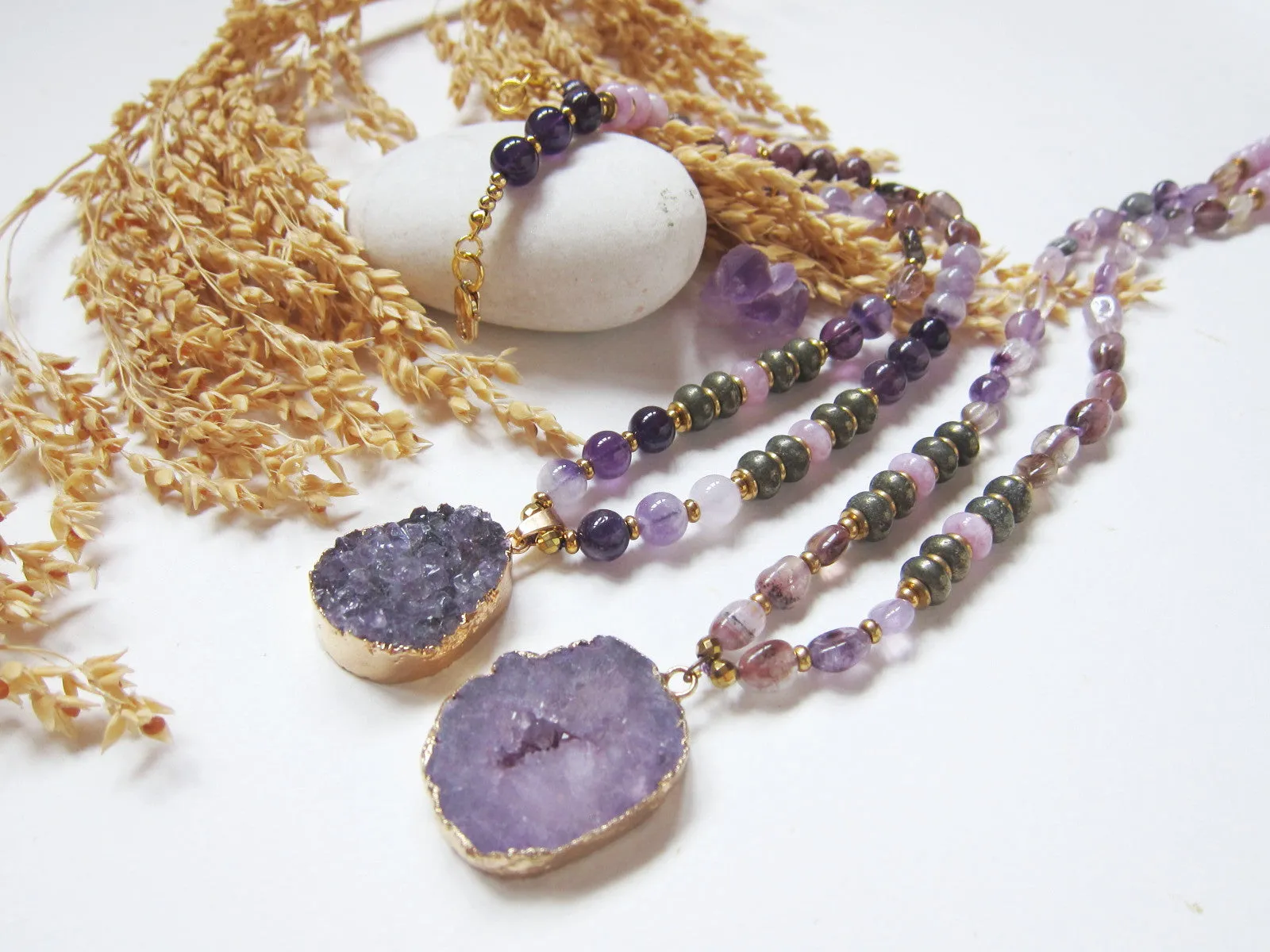 Amethyst, Kunzite, Purple Phantom Quartz in Raw Druzy Pendant Beaded Mala Necklace