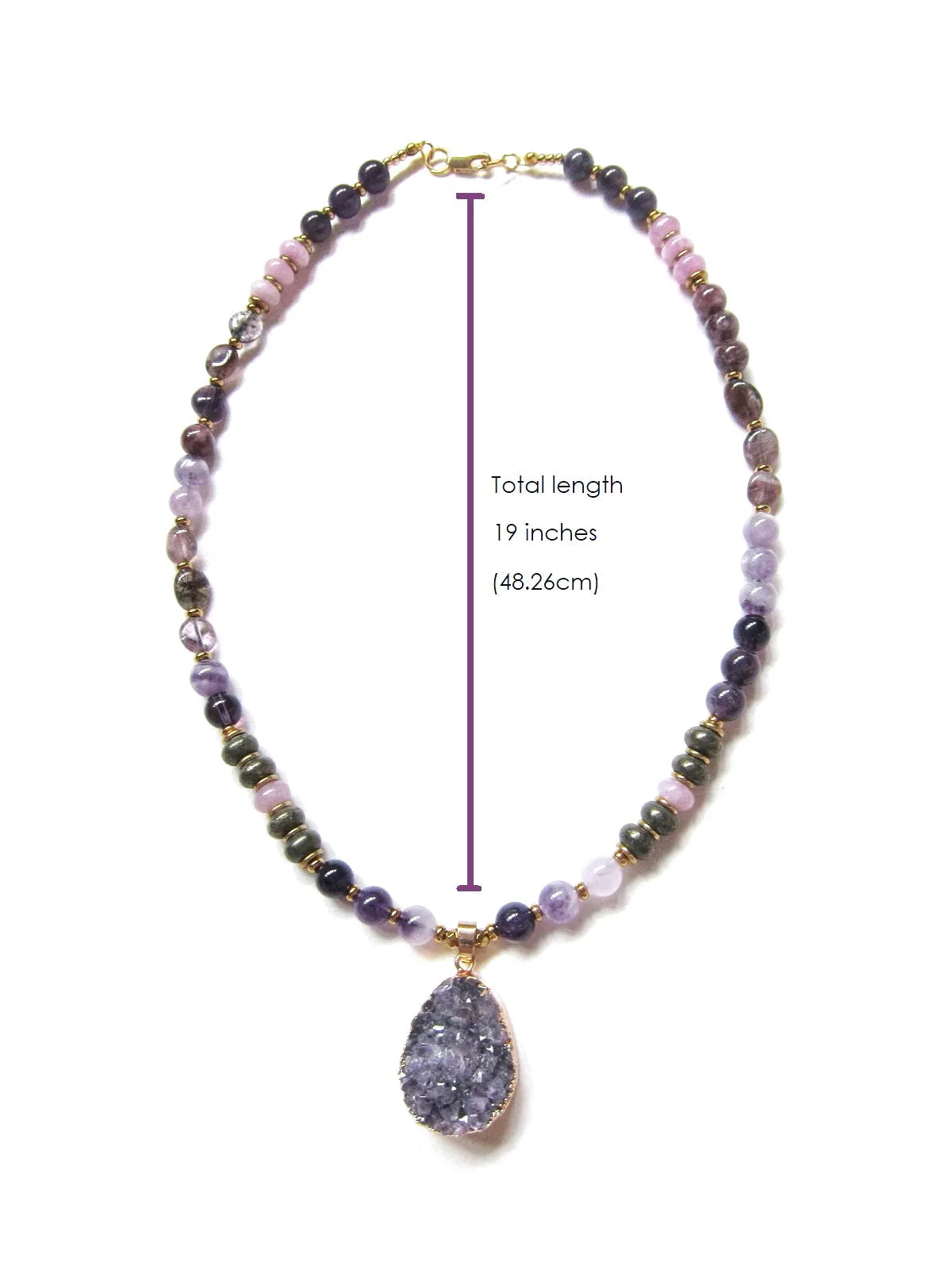 Amethyst, Kunzite, Purple Phantom Quartz in Raw Druzy Pendant Beaded Mala Necklace