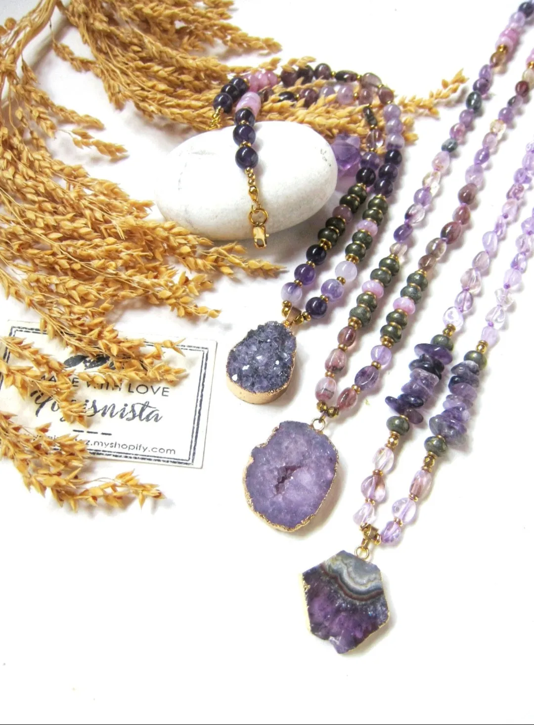 Amethyst, Kunzite, Purple Phantom Quartz in Raw Druzy Pendant Beaded Mala Necklace