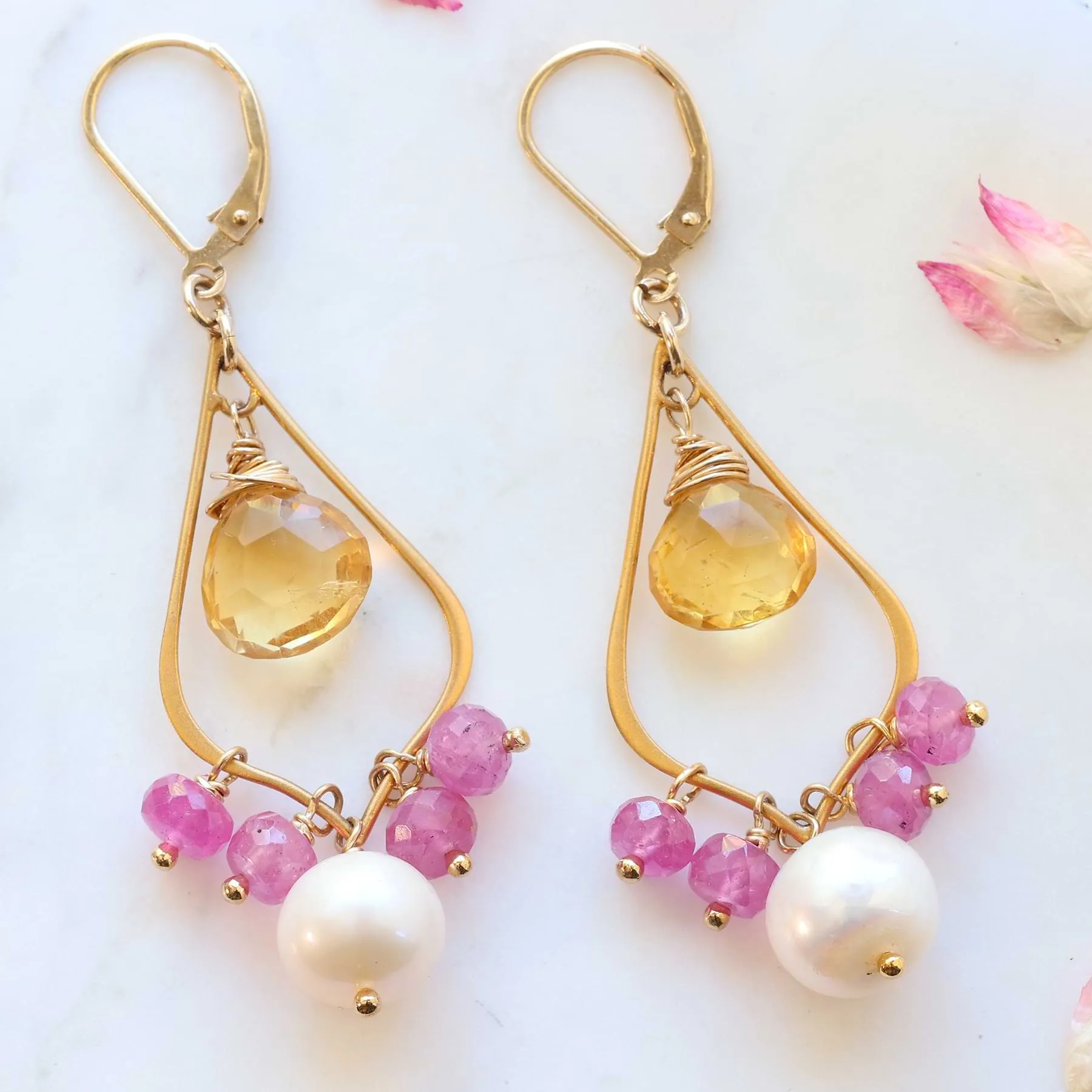 Antoinette - Multi-Gemstone Pearl Gold Chandelier Earrings