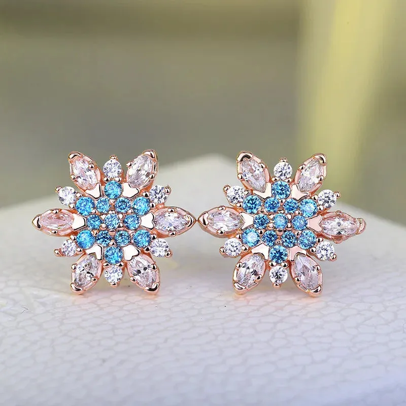 Aquamarine Blue Snowflakes Stud Earrings