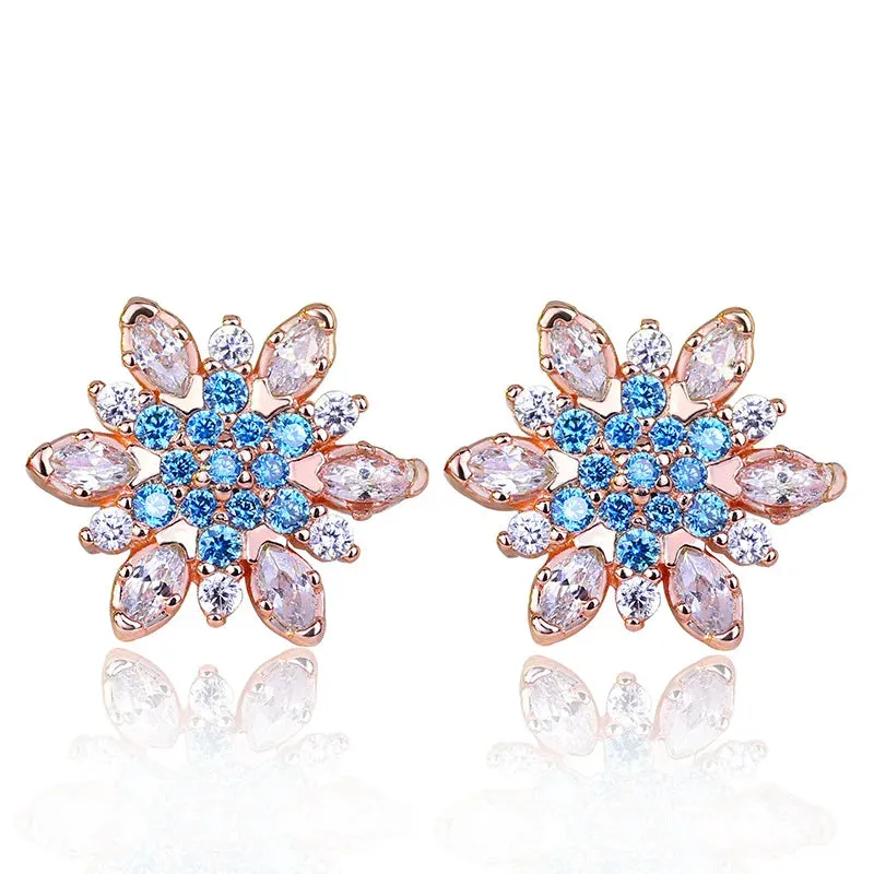 Aquamarine Blue Snowflakes Stud Earrings