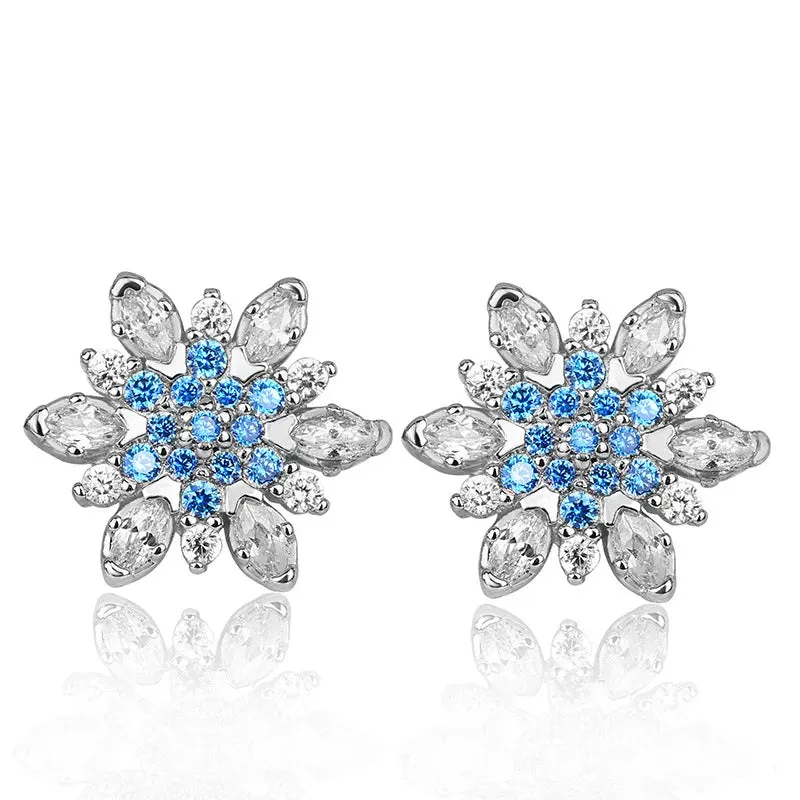 Aquamarine Blue Snowflakes Stud Earrings