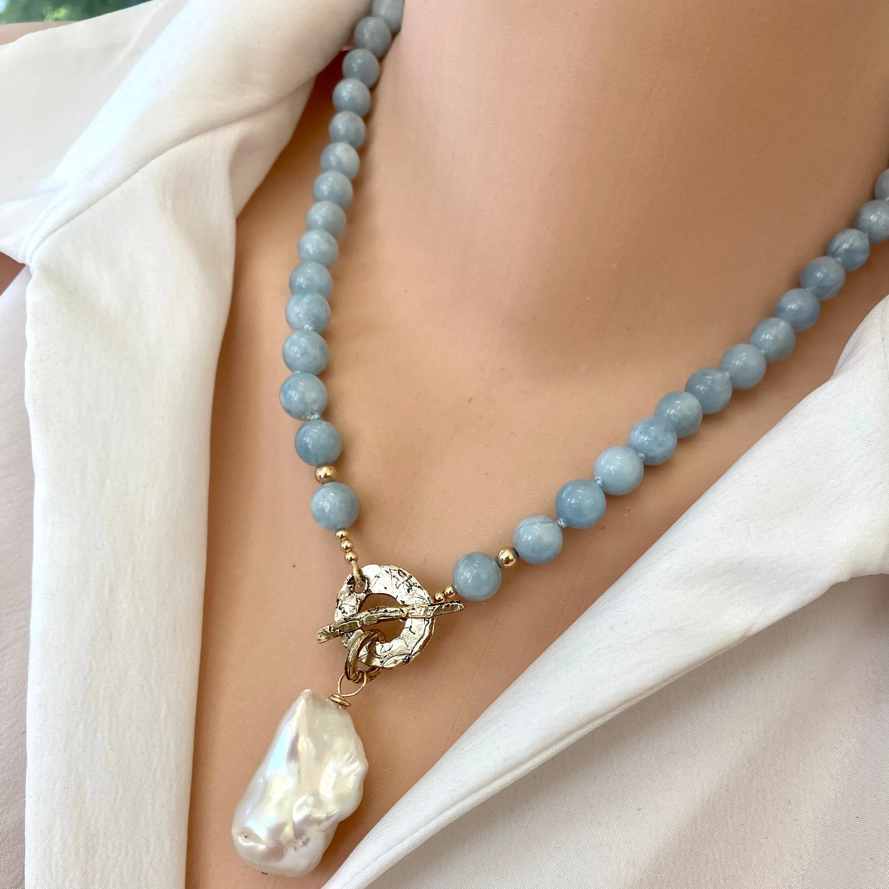 Aquamarine Necklace w Freshwater Baroque Pearl, Gold Bronze & Gold Filled, 19in