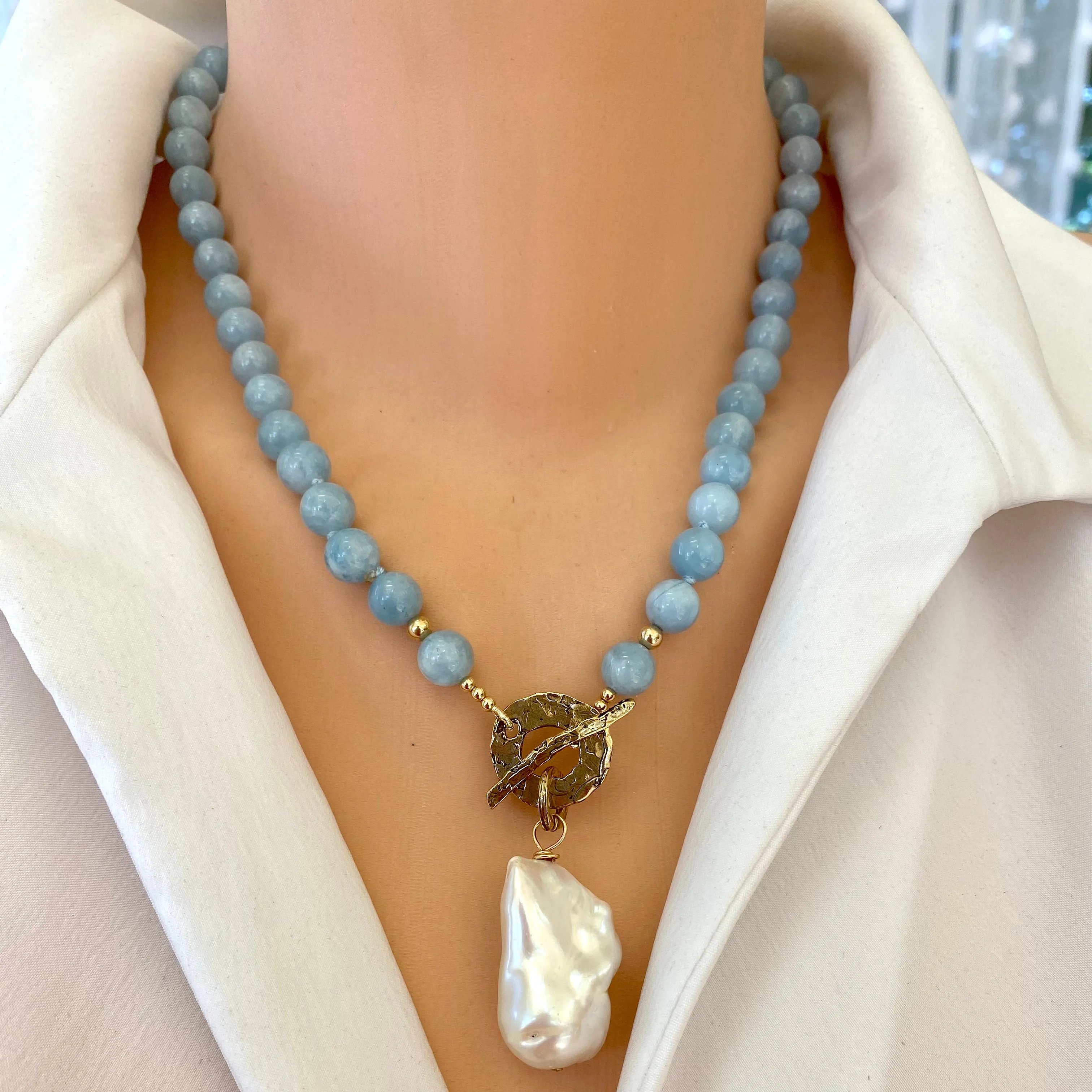 Aquamarine Necklace w Freshwater Baroque Pearl, Gold Bronze & Gold Filled, 19in