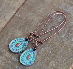 Blue Boho Earrings, Patina Copper Earrings, Long Bohemian Earrings, Long Drop Earrings, Blue Jewelry