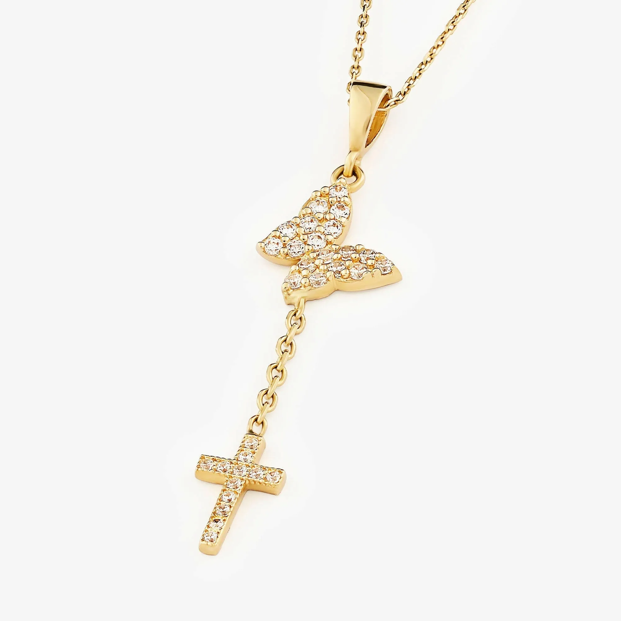 Butterfly with Cross Necklace | 14K Solid Gold