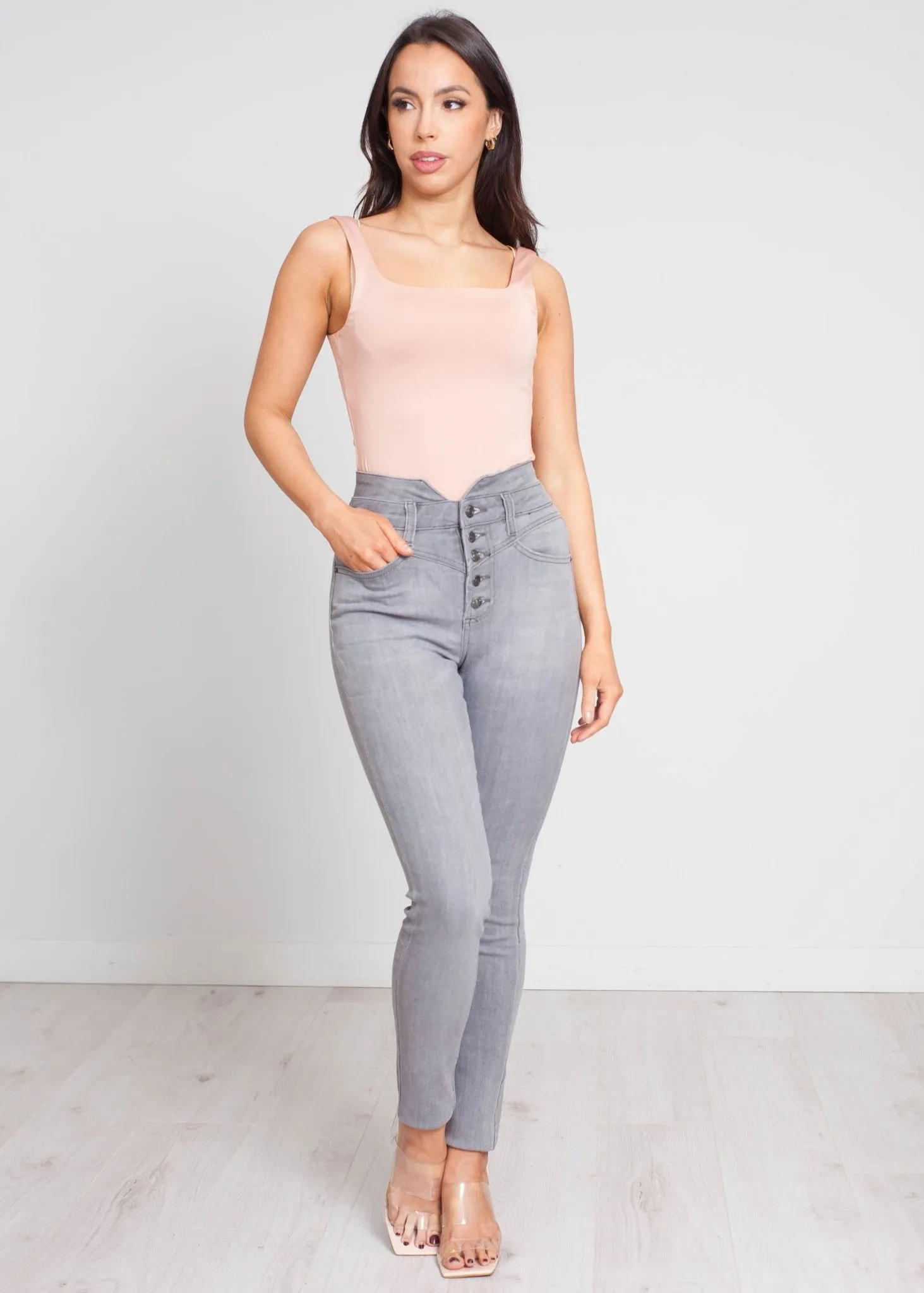 Camilla High Waist Button Jean In Grey