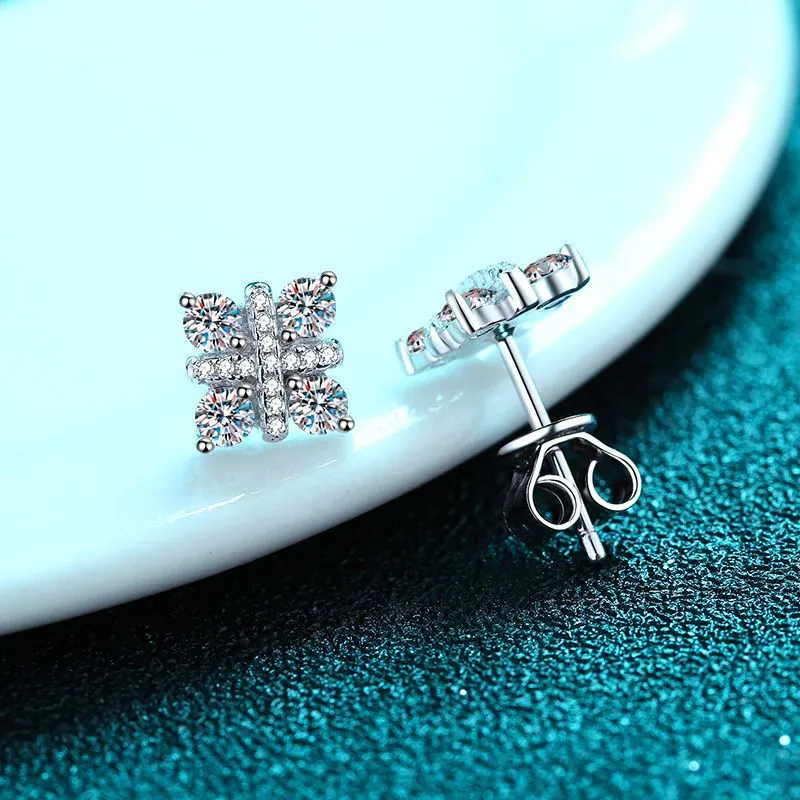 Cubic Flower Moissanite Stud Earrings in Sterling Silver