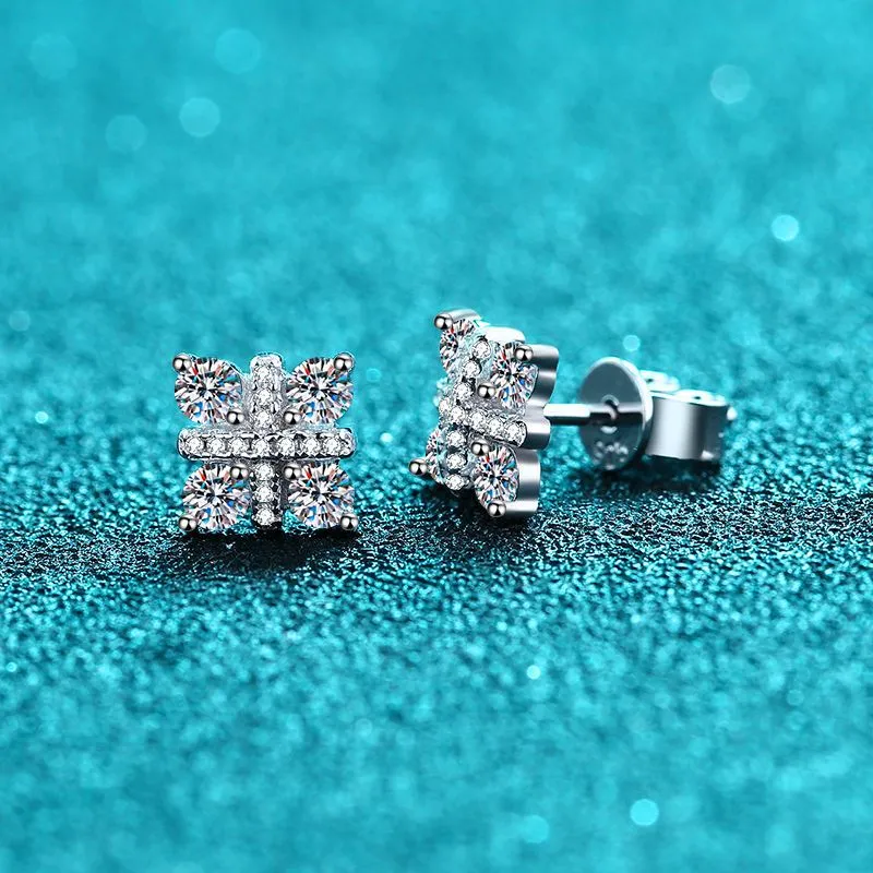 Cubic Flower Moissanite Stud Earrings in Sterling Silver