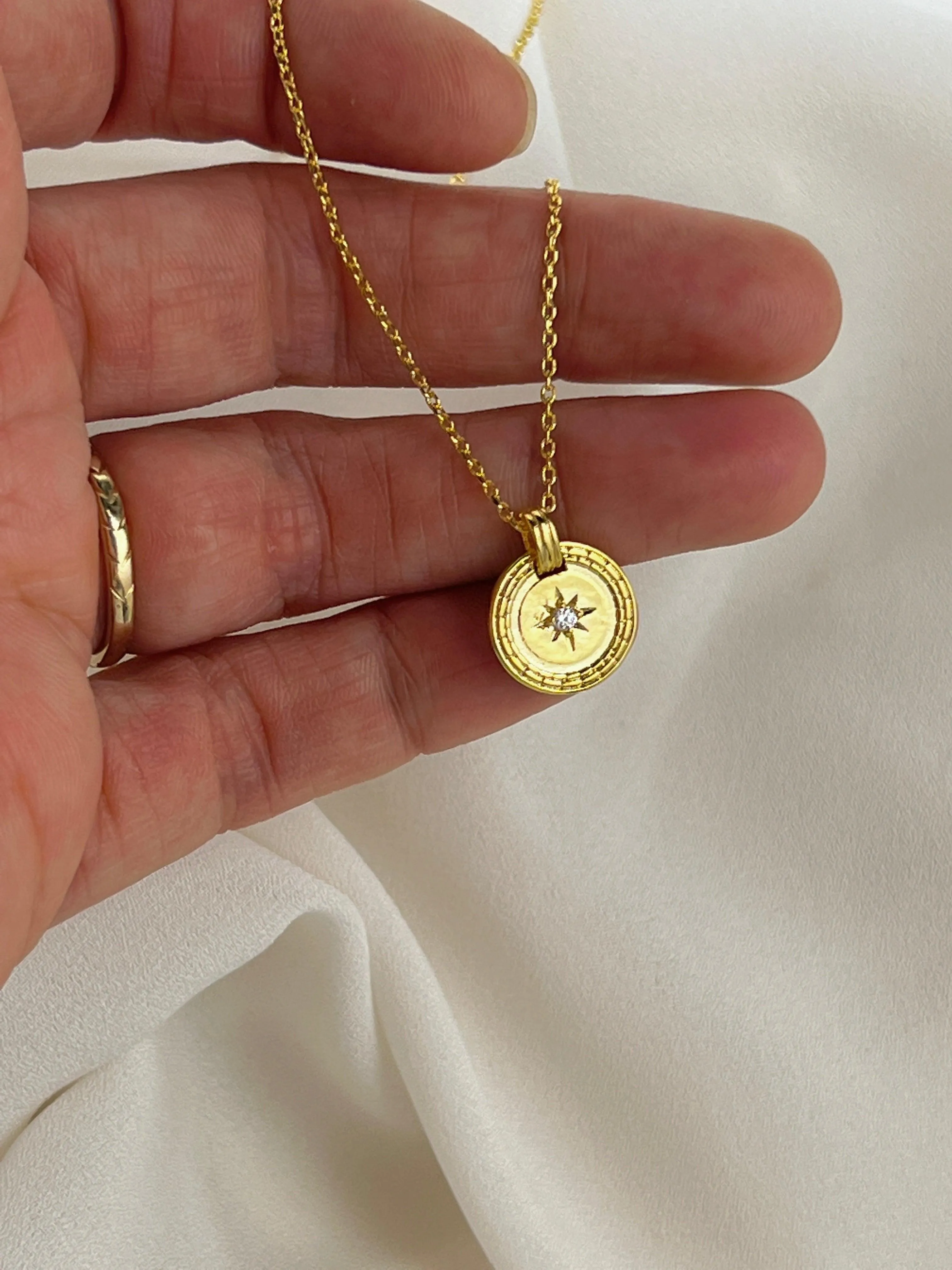 Gold Cubic Zirconia Round Coin Necklace