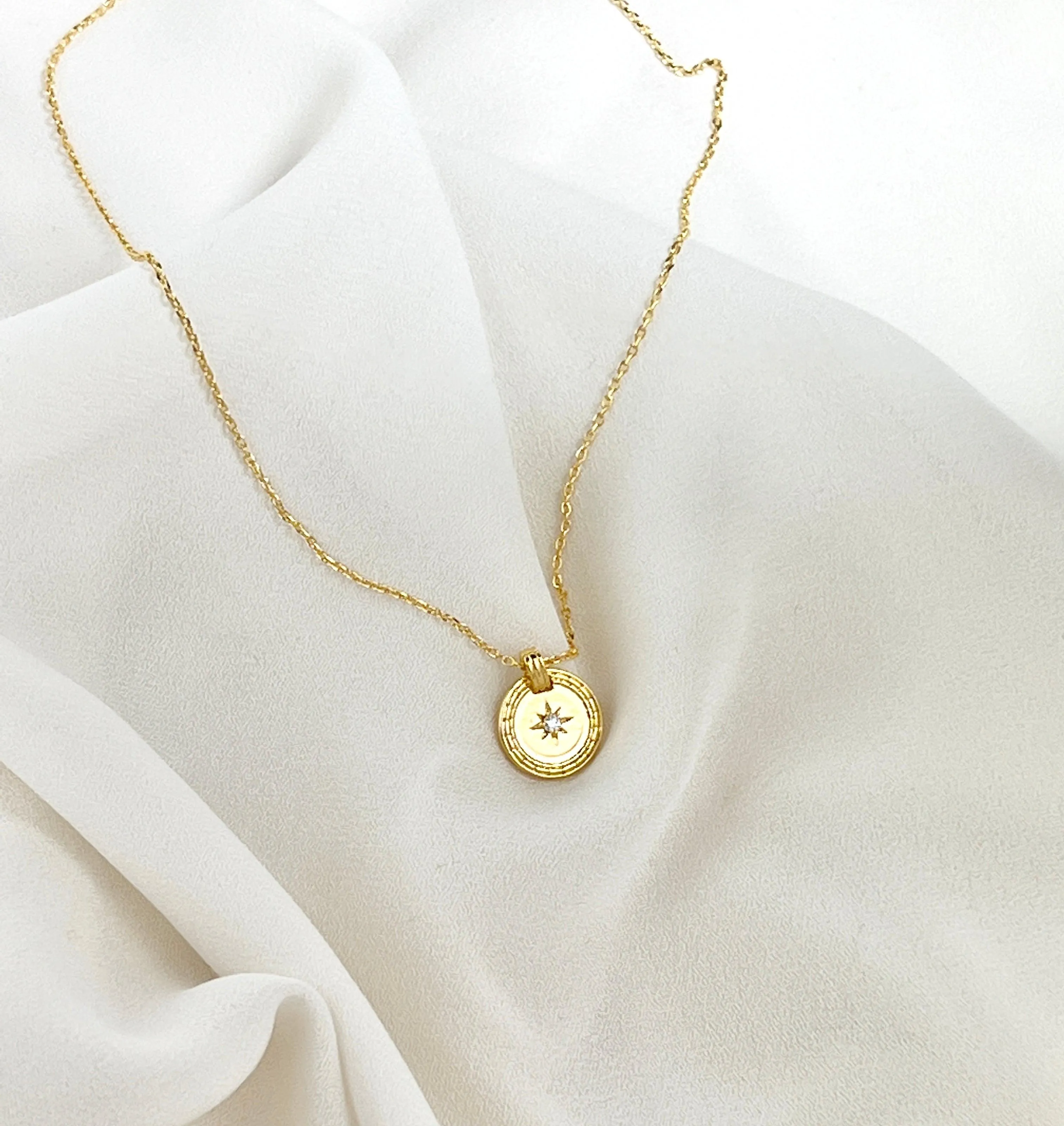 Gold Cubic Zirconia Round Coin Necklace