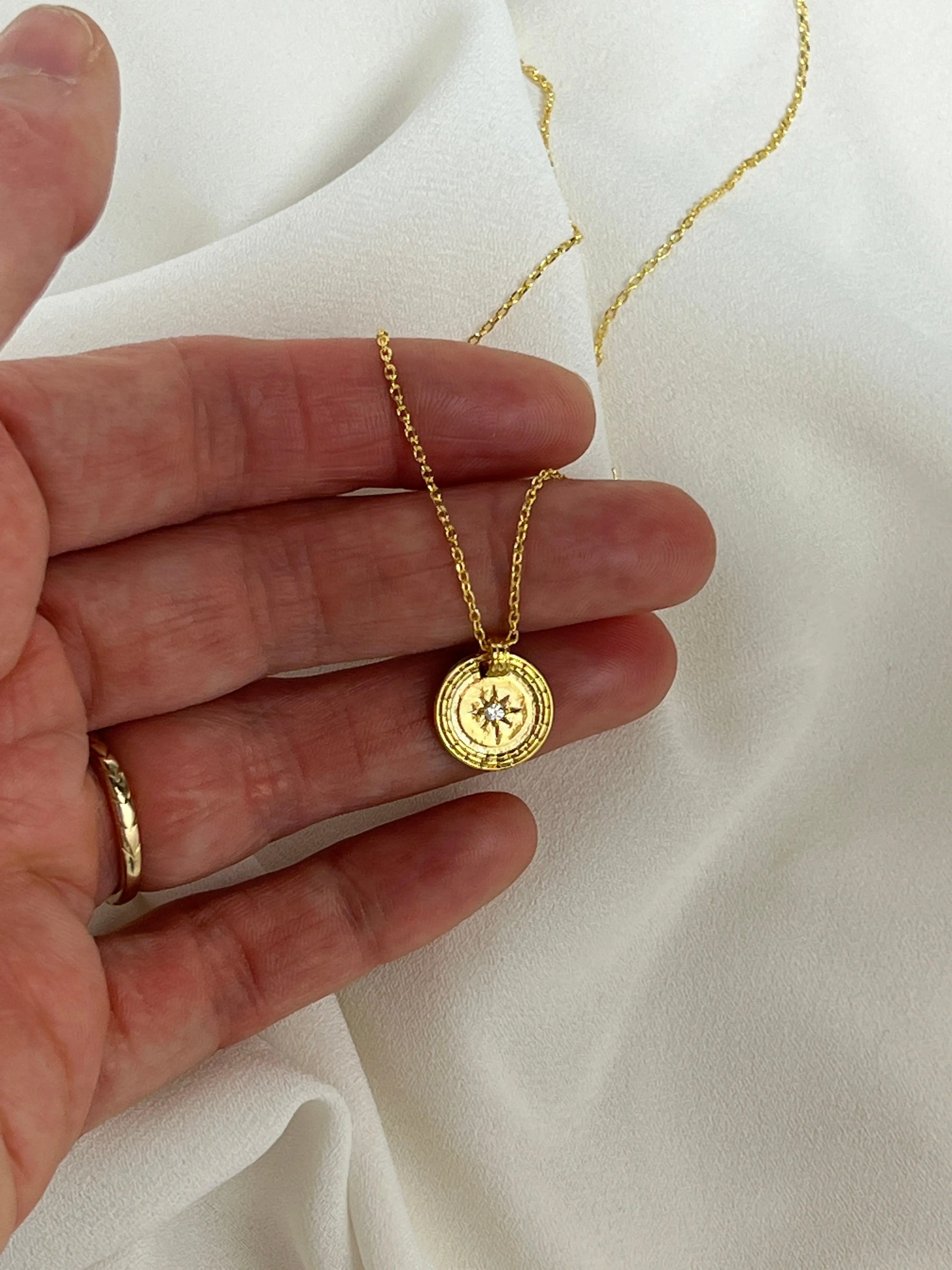 Gold Cubic Zirconia Round Coin Necklace