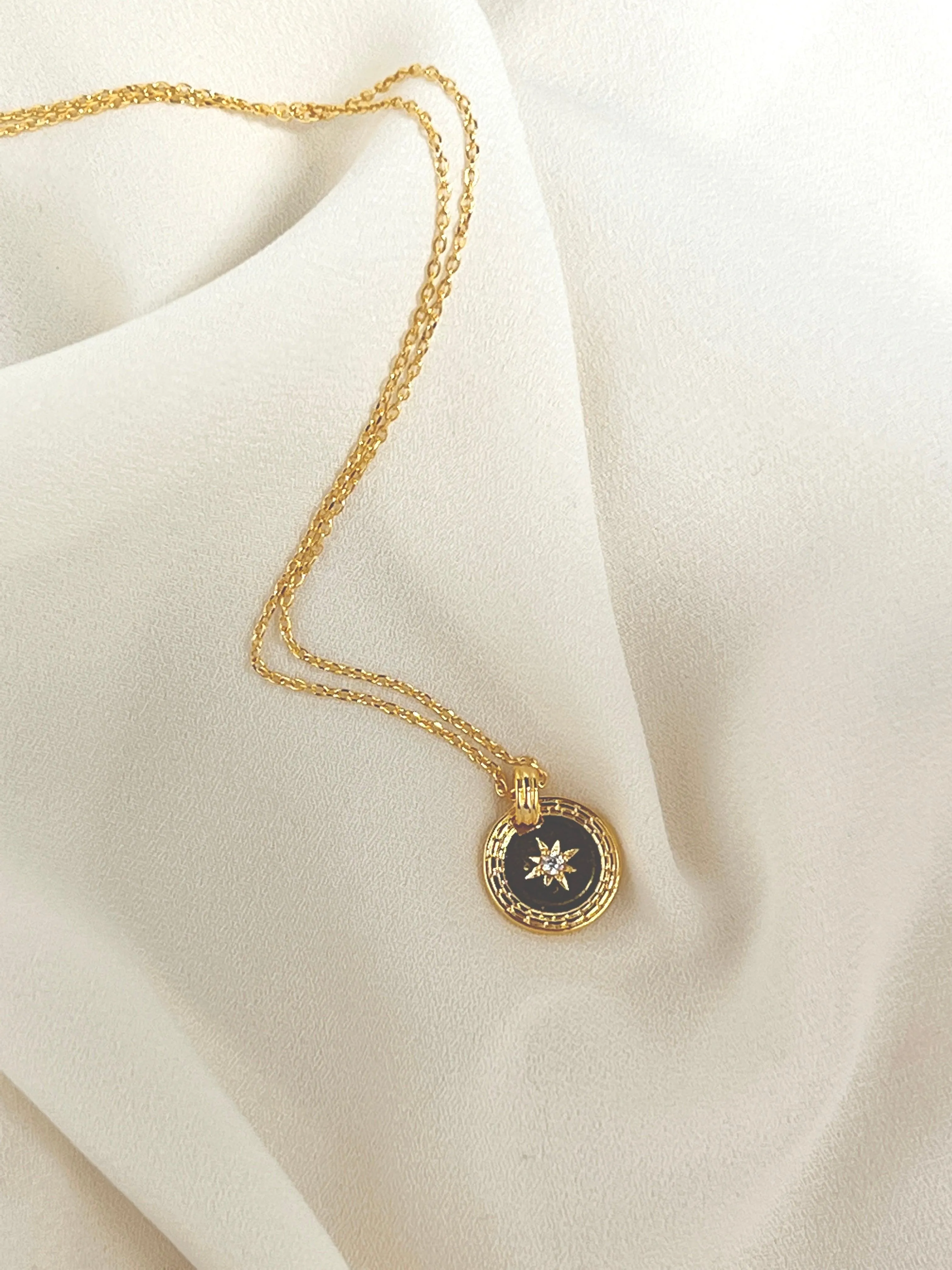 Gold Cubic Zirconia Round Coin Necklace