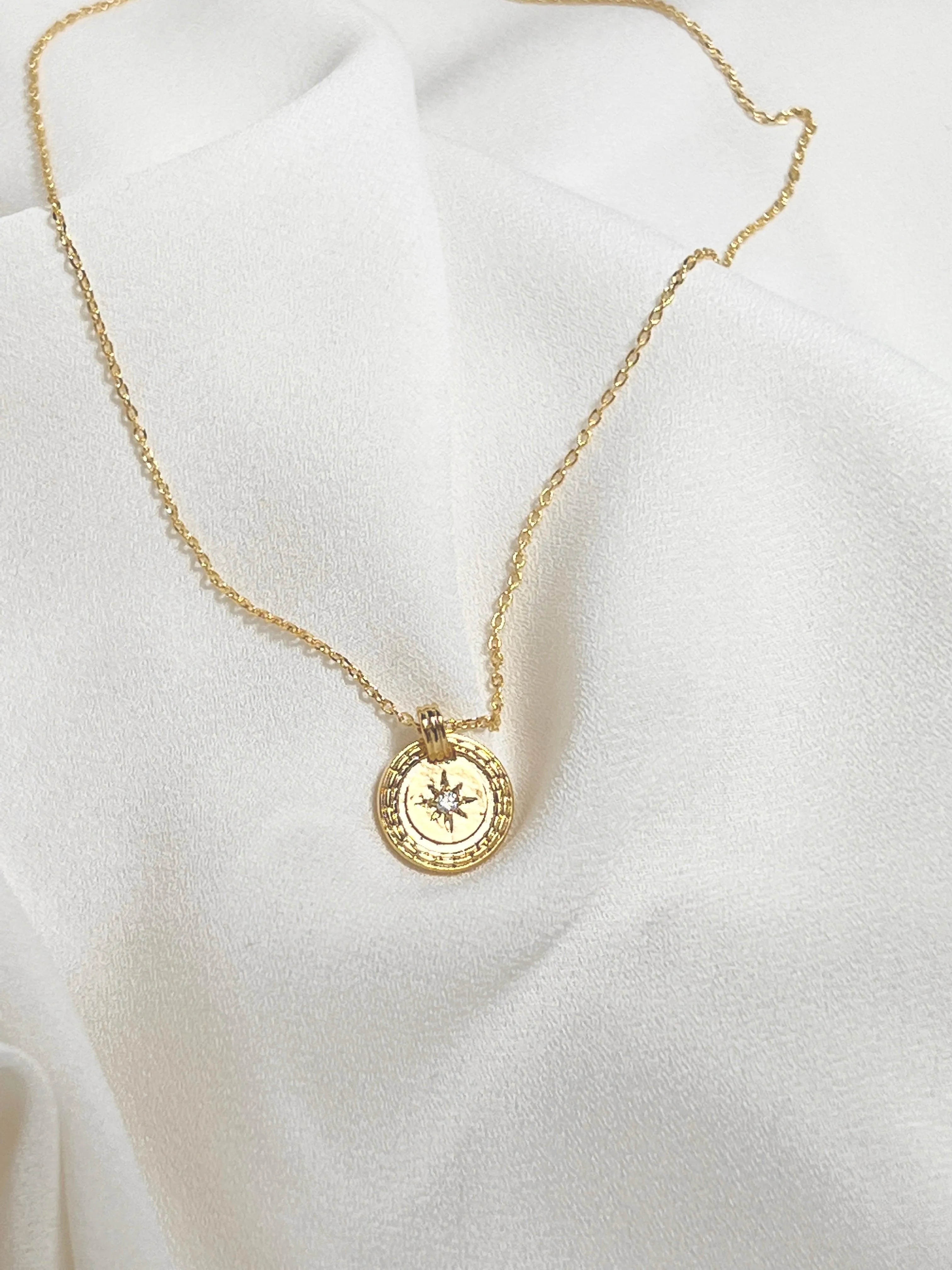 Gold Cubic Zirconia Round Coin Necklace