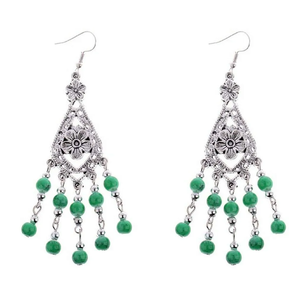 Green and Silver Beaded Flower Dangle Earrings