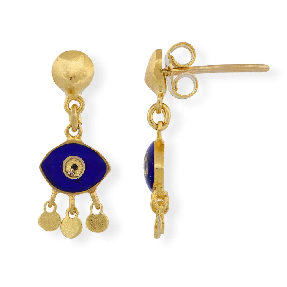 Handmade Gold Plated Silver Earrings With Blue Enamel Evil Eye