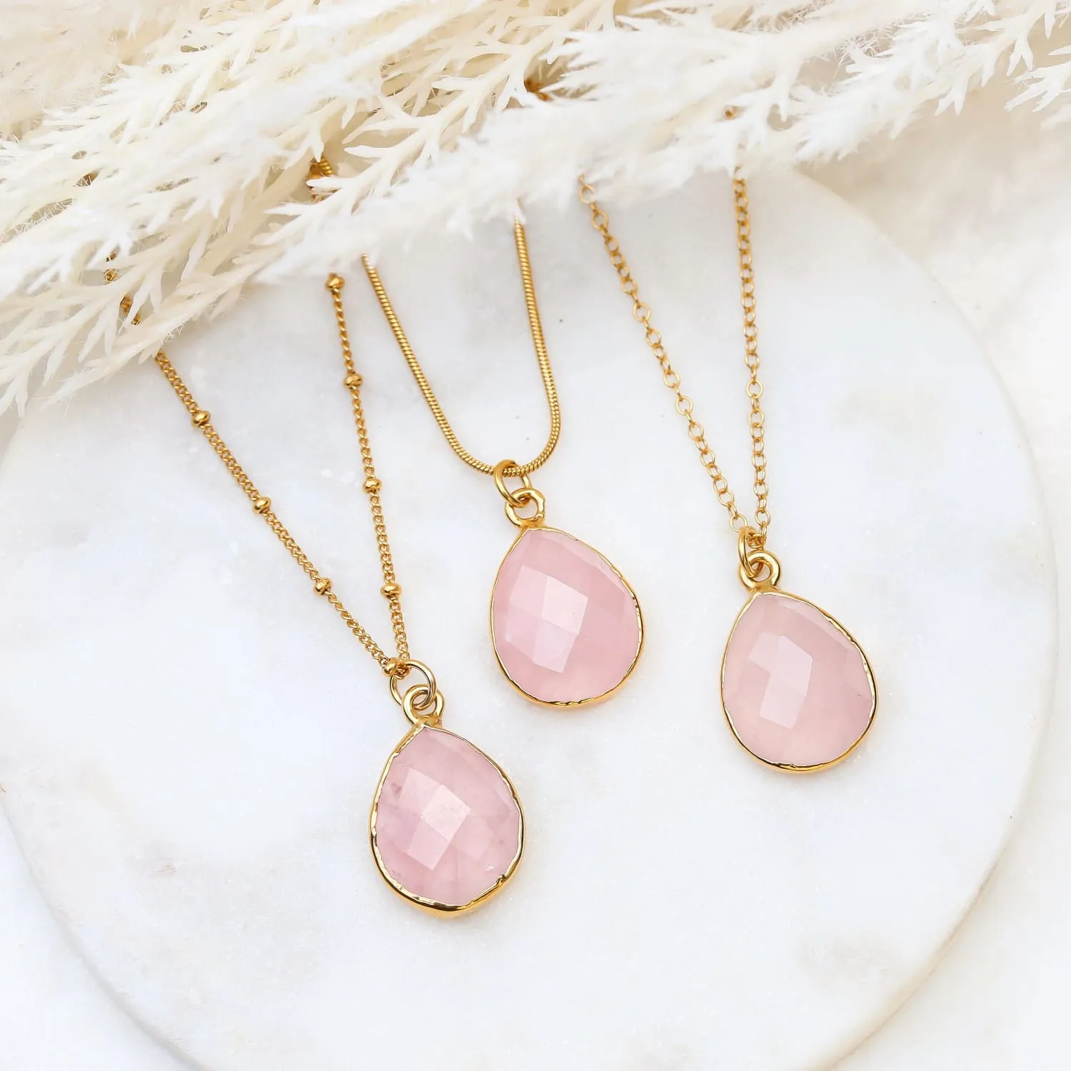 Large Tear Drop Rose Quartz Necklace with Gold Filled Paperclip Chain