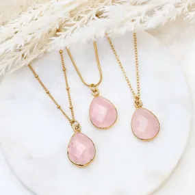 Large Tear Drop Rose Quartz Necklace with Gold Filled Paperclip Chain