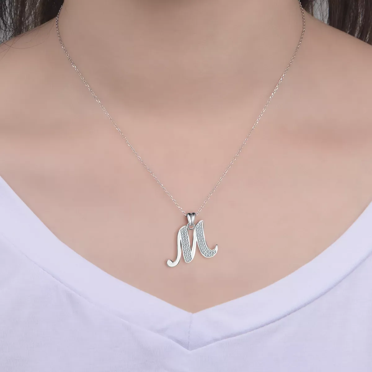 Letter M Crystallized Graffiti Font Initial Necklace Sterling Silver