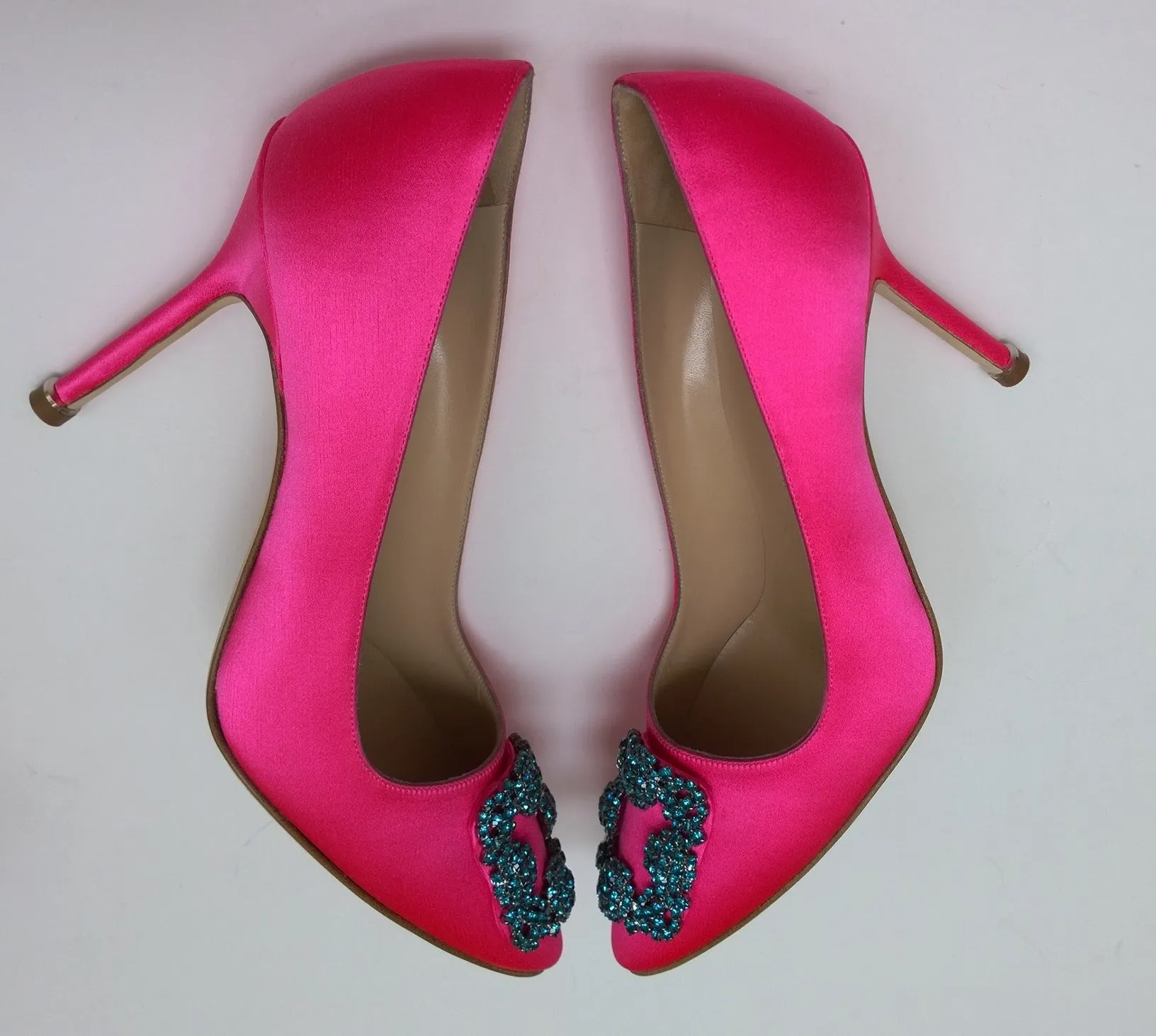 Manolo Blahnik Bright Pink Hangisi 105 Heels with Turquoise Blue Rhinestone Buckle Shoes