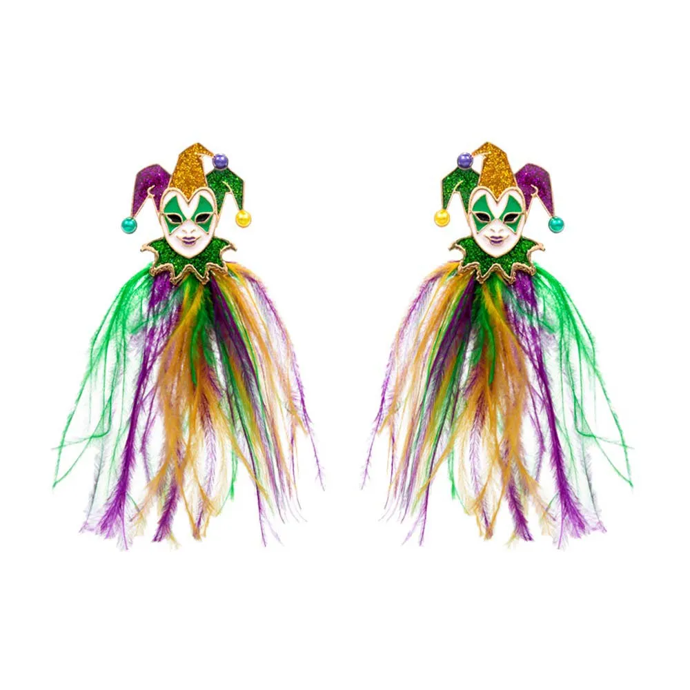 Mardi Gras Glittered Jester Pierrot Feather Earrings