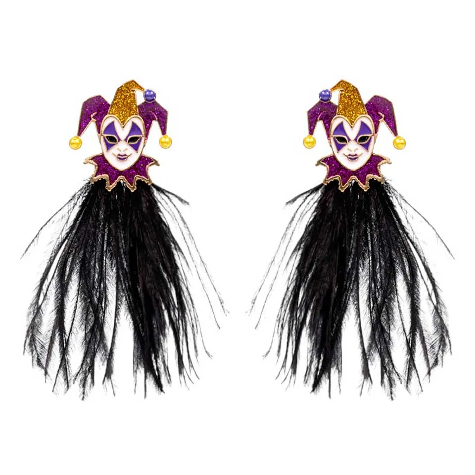 Mardi Gras Glittered Jester Pierrot Feather Earrings