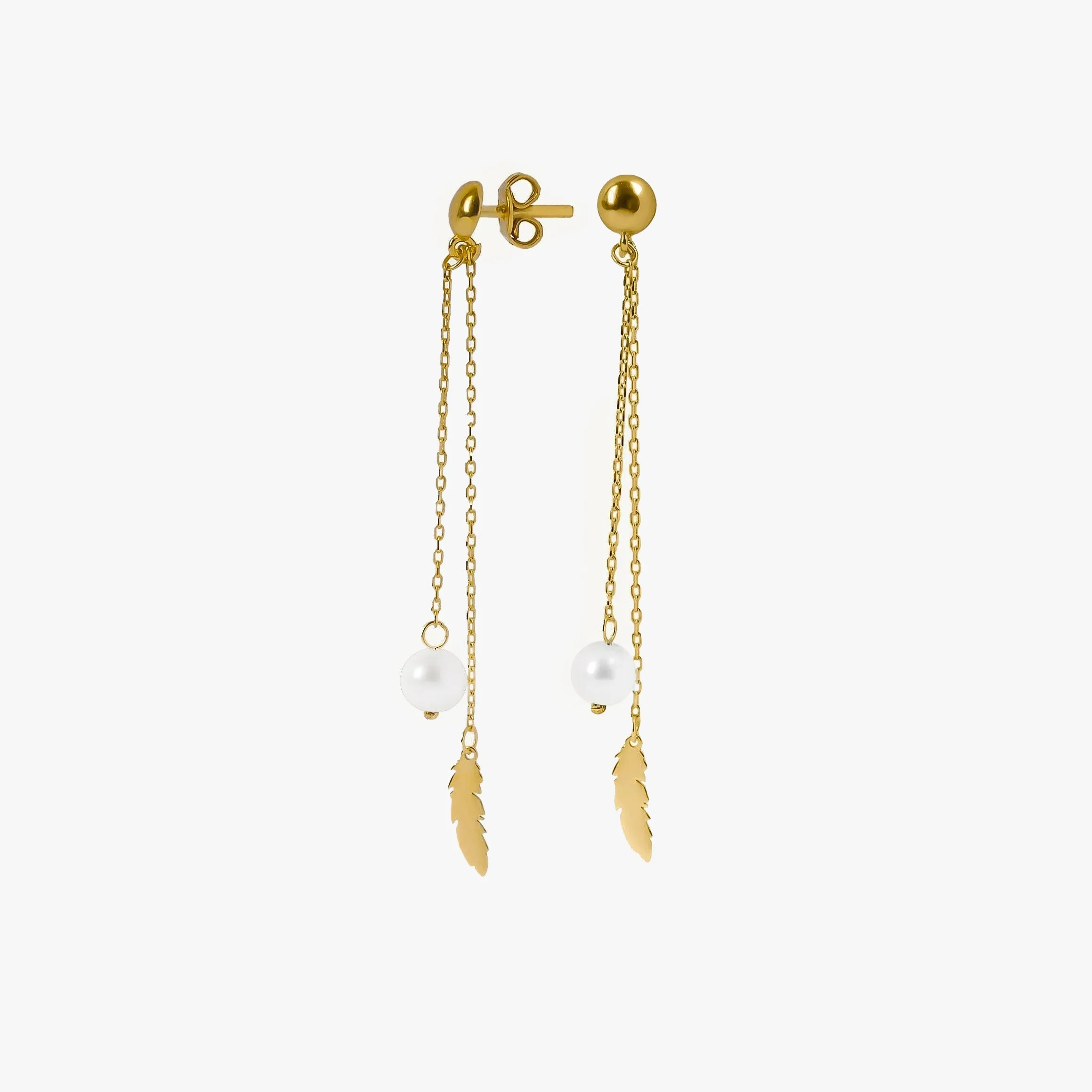 Pearl Dangle Earrings with Feather | 14K Solid Gold