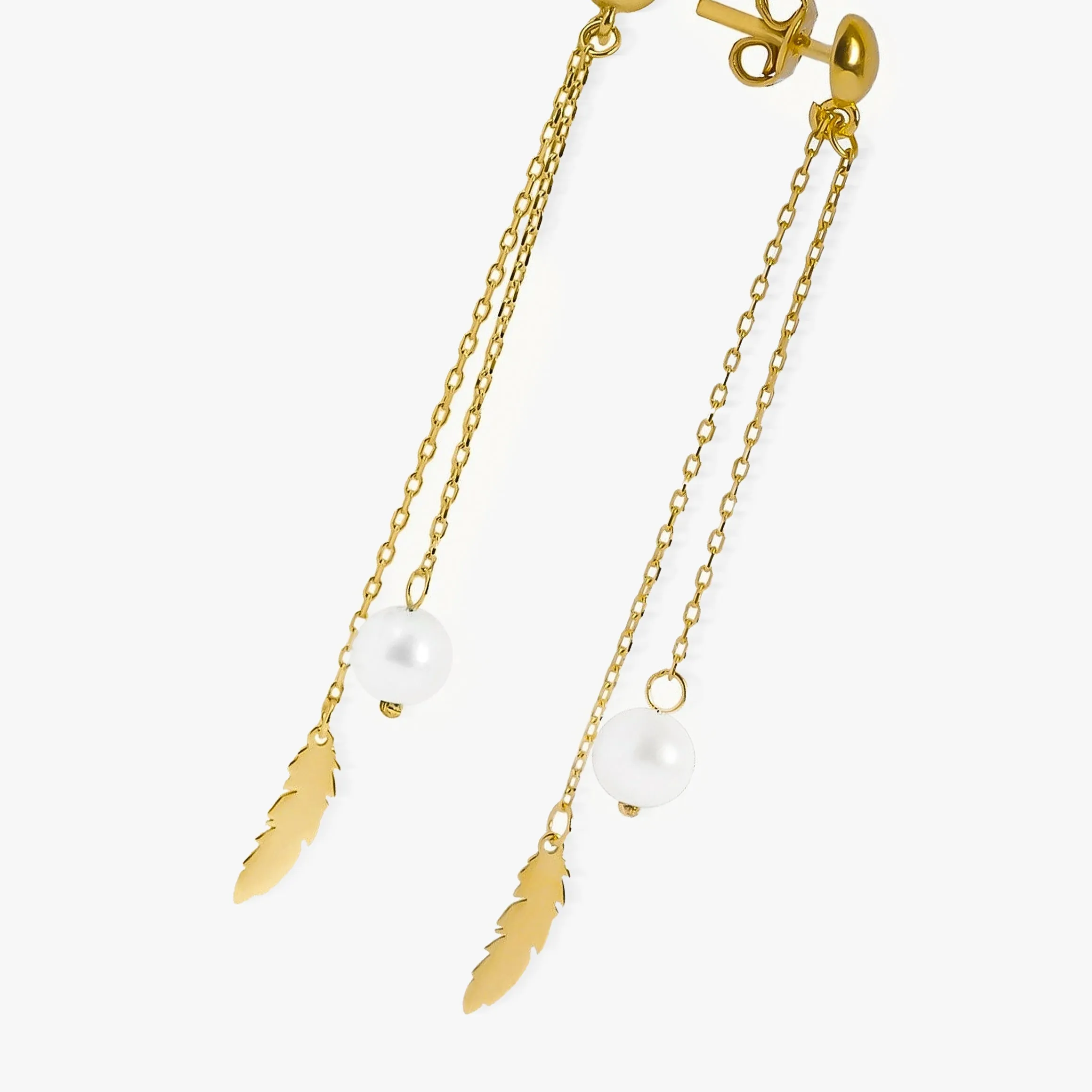 Pearl Dangle Earrings with Feather | 14K Solid Gold