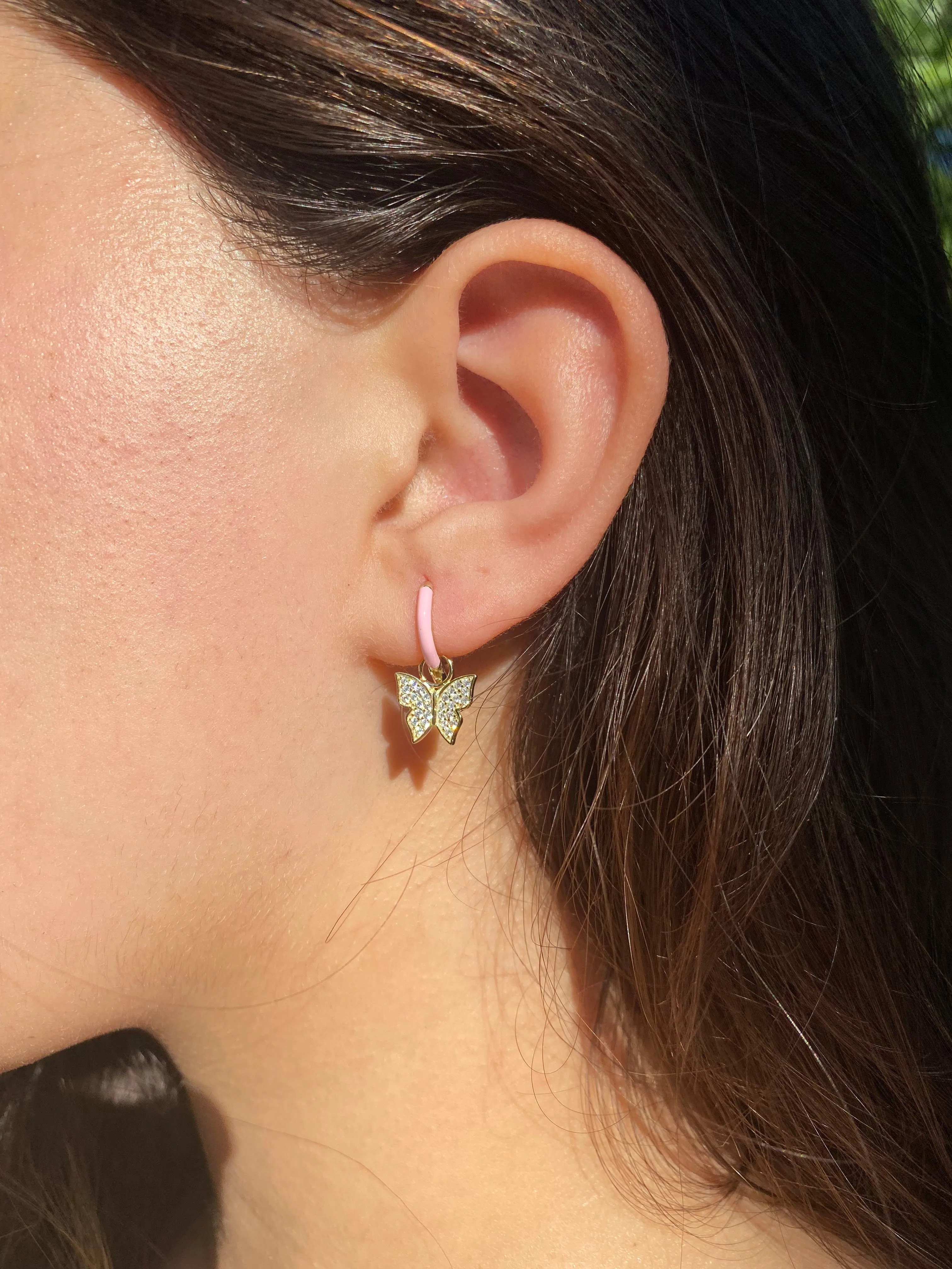 Pink Enamel Butterfly Hoop Earrings