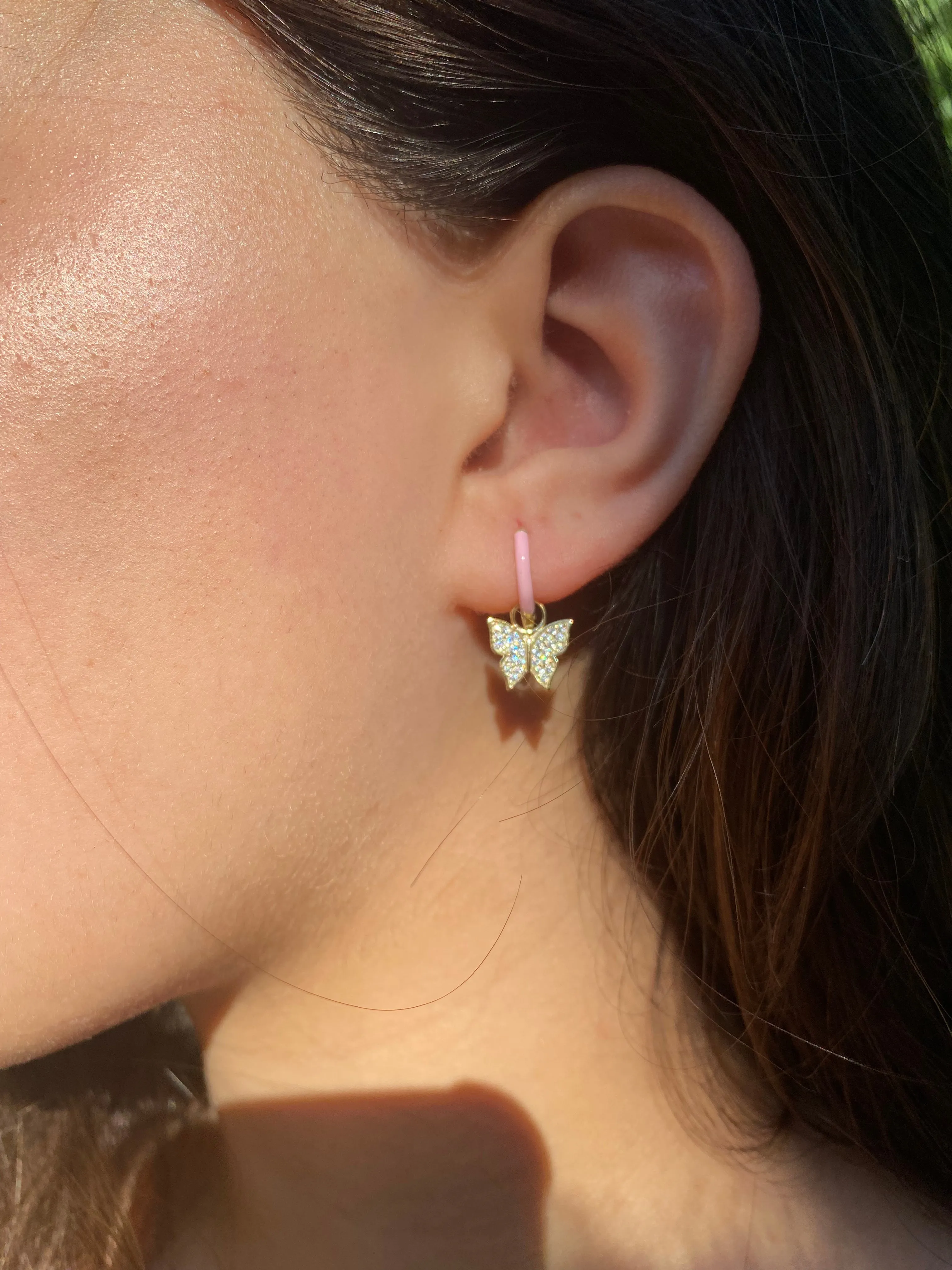 Pink Enamel Butterfly Hoop Earrings