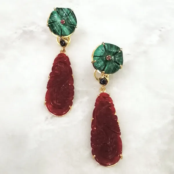 Rhodolite Garnet on Malachite Stud with Blue Sapphires & Carved Red Jade Twinset Earrings