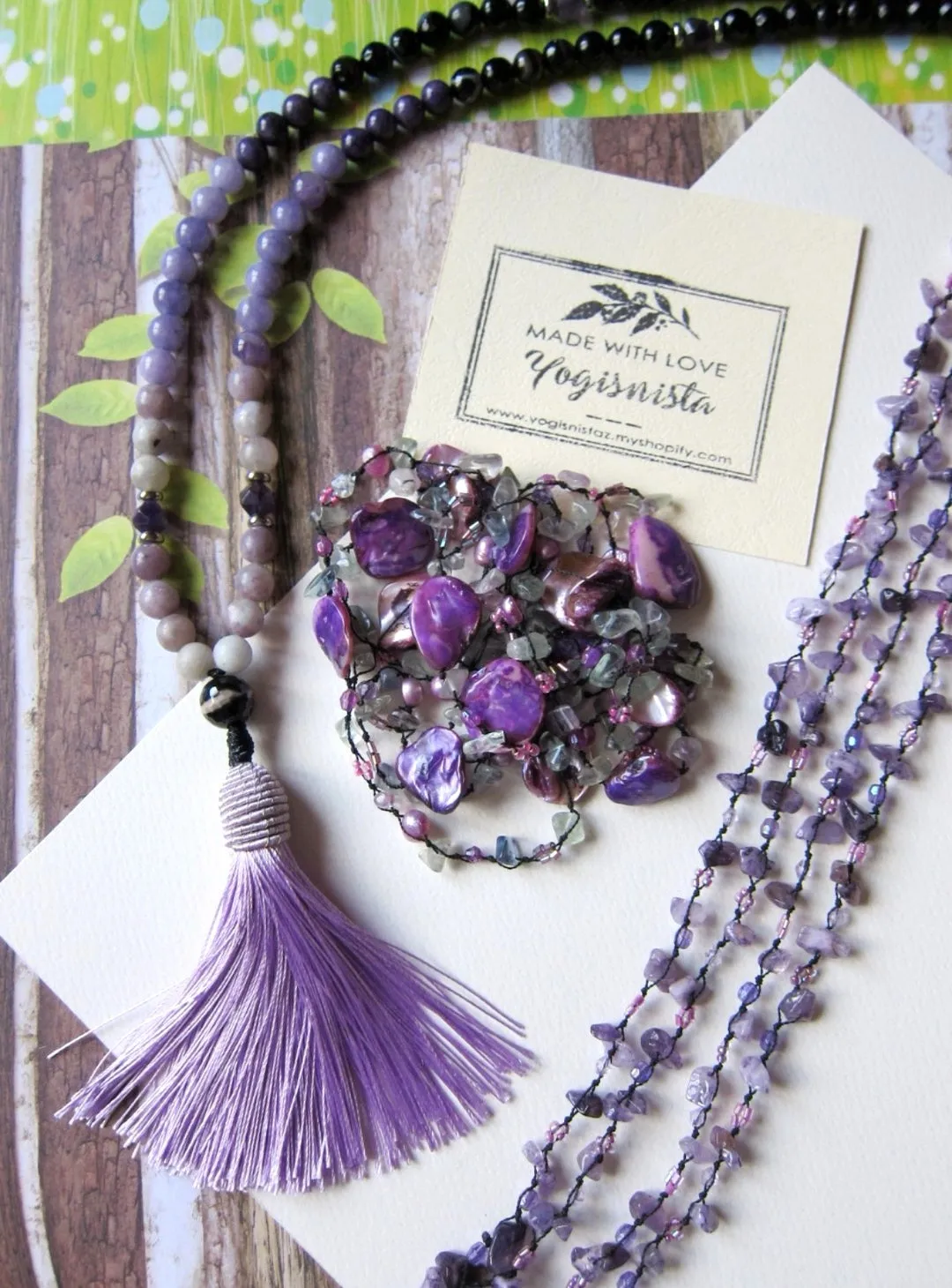 SALE - 108 Mala Tassel Necklace in Agate, Amethyst, Charoite ~ Root Chakra Mala