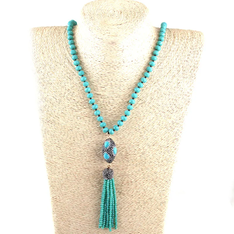 Seafoam Green Crystal Turquoise Micro-Pave Tassel Long Necklace