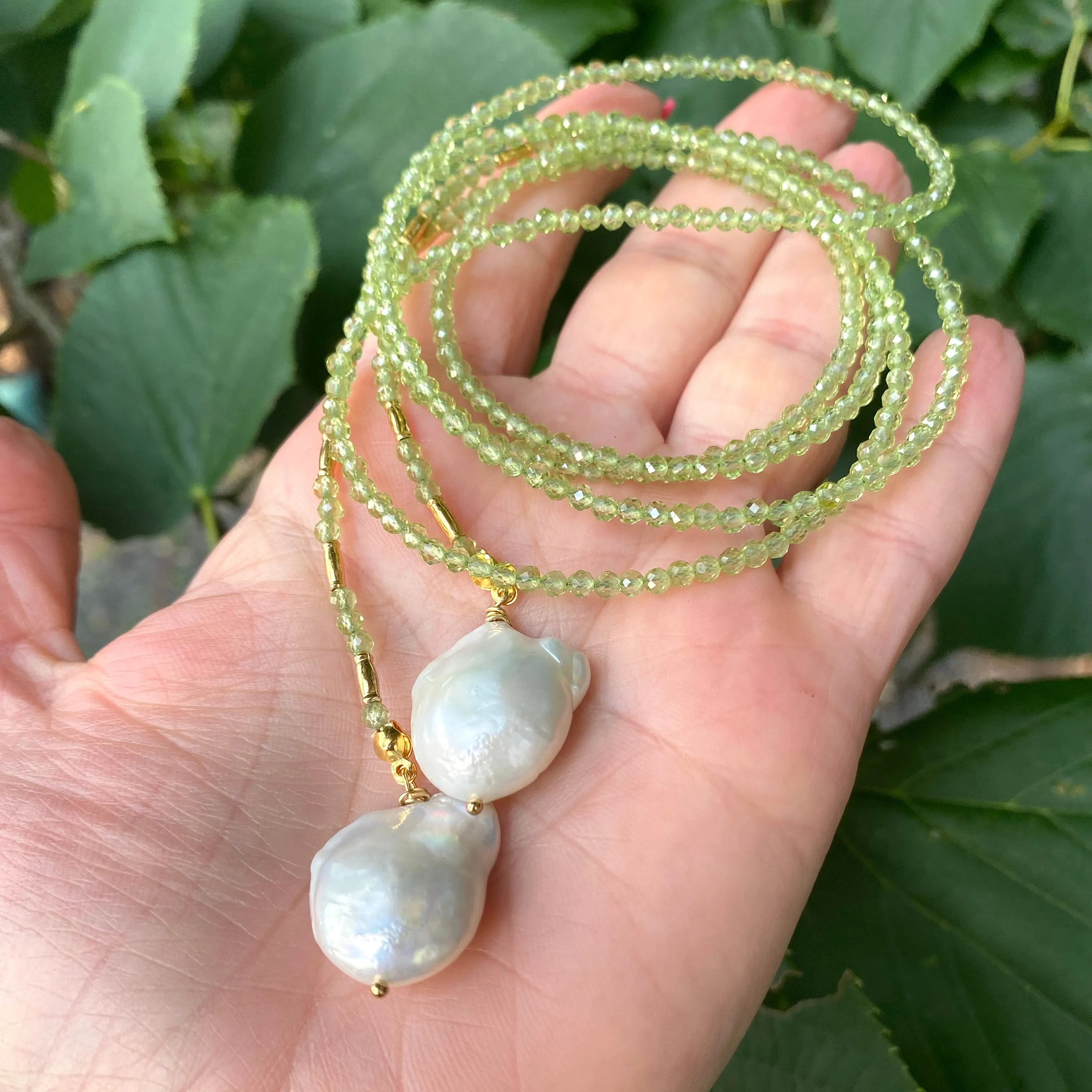 Single Strand of Green Peridot and two Large Baroque Pearls Beaded Lariat Necklace, August Birthstone, 42inches