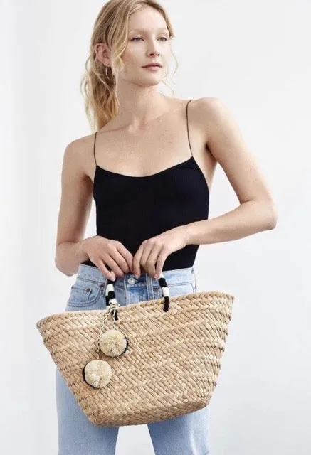 St Tropez Black & White Woven Straw Tote