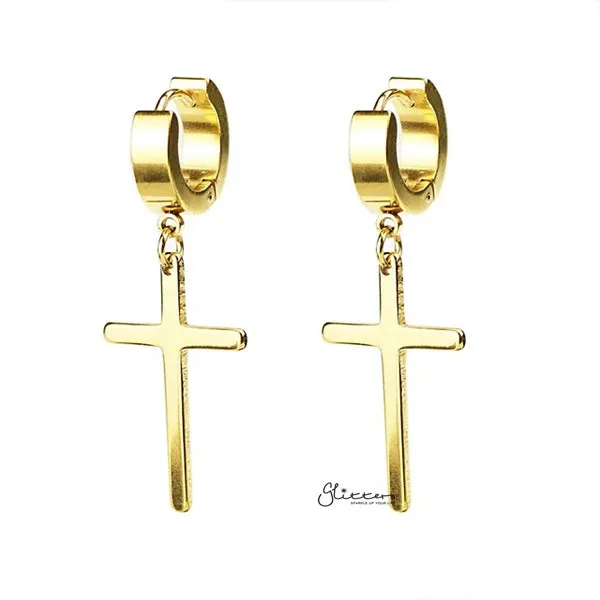 Stainless Steel Huggie Hoop Earrings with Drop Cross