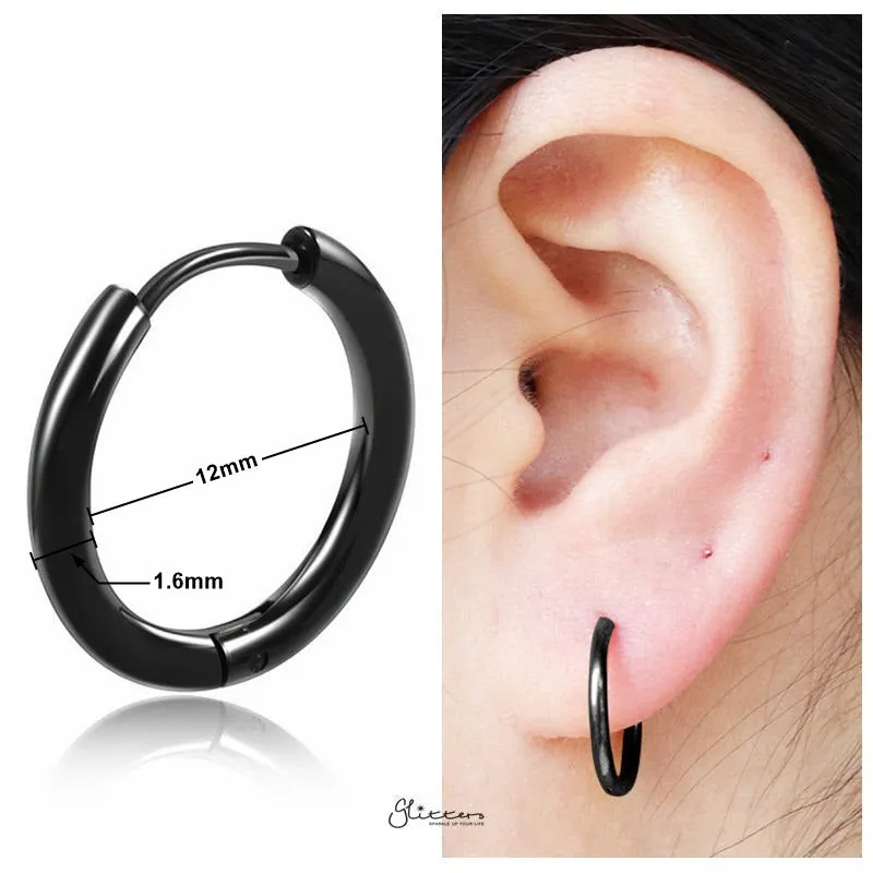 Stainless Steel Round Huggie Hoop Earrings - Black