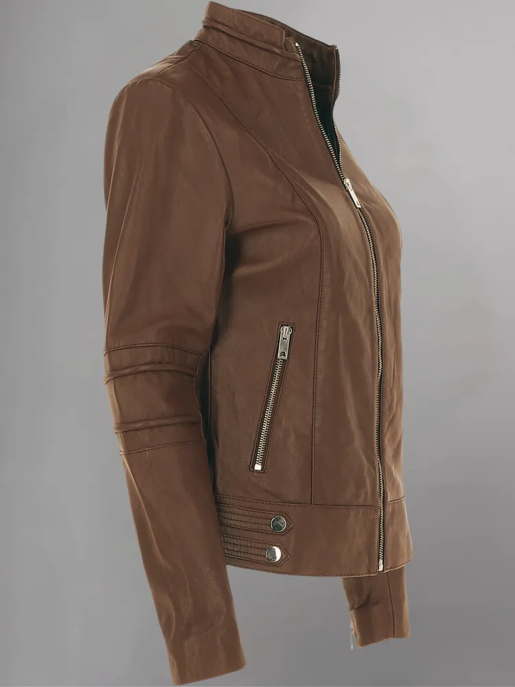 Tan Brown Women Biker Leather Jacket