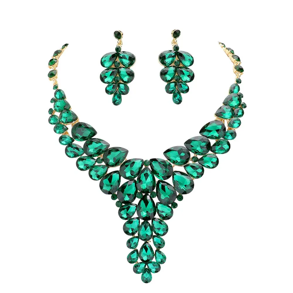 Teardrop Stone Cluster Vine Evening Necklace Earring Set