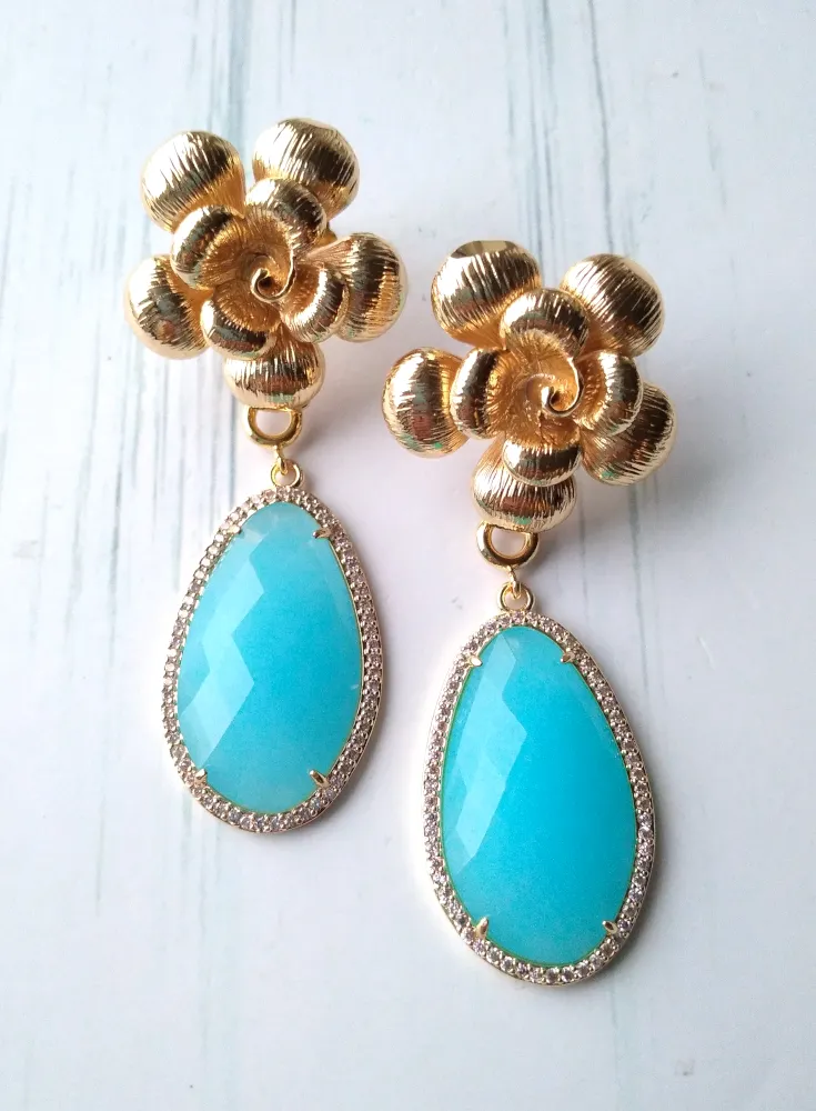 Textured Rose Stud with Aquablue Chalcedony Earrings