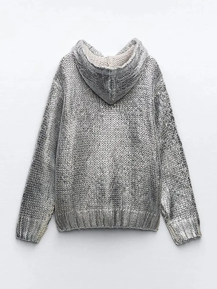 Women Chic Metallic Rib Trim Foil Hooded Sweater