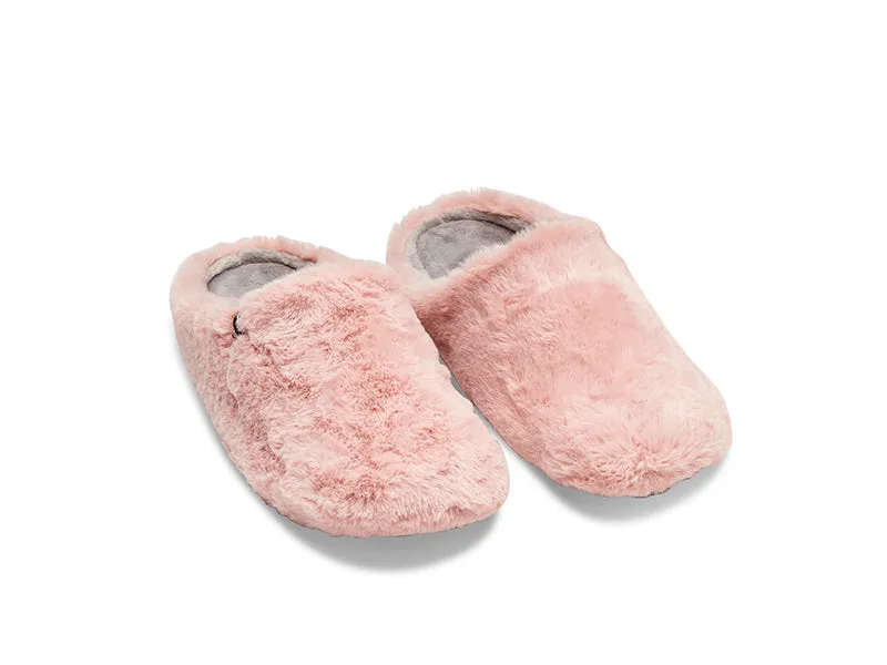 Women's pink fluffy faux fur mule slippers, 100% recycled materials